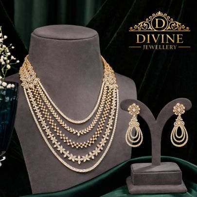Luxury Multi-Layer Diamond Style Bridal Necklace Set in 92.5 Silver Gold Plated | Divine Jewellery