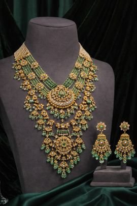 Luxury Multi-Layer Green Stone Temple Necklace Set with Kundan & Drop Detailing – 92.5 Silver Gold Plated Bridal Jewellery | Divine Jewellery