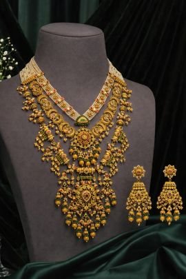 Luxury Multi-Layer Temple Bridal Necklace Set with Pearl Strands & Kundan Detailing – 92.5 Silver Gold Plated Jewellery | Divine Jewellery