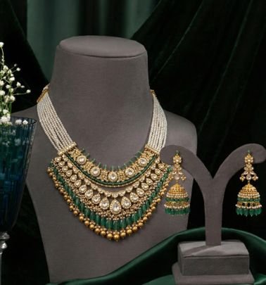 Luxury Pearl Layered Green Polki Style Necklace Set with Kundan & Jhumka Earrings – 92.5 Silver Gold Plated Bridal Jewellery | Divine Jewellery