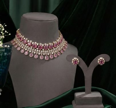 Luxury Pink Polki Style Choker Necklace Set with Kundan & Teardrop Detailing – 92.5 Silver Gold Plated Bridal Jewellery | Divine Jewellery