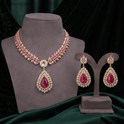 Luxury Pink Stone Pendant Necklace Set with American Diamond Detailing – 92.5 Silver Gold Plated Elegant Jewellery | Divine Jewellery