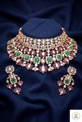 Luxury Polki Bridal Choker Necklace Set with Emerald & Ruby Accents | 92.5 Silver Gold Plated | Divine Jewellery