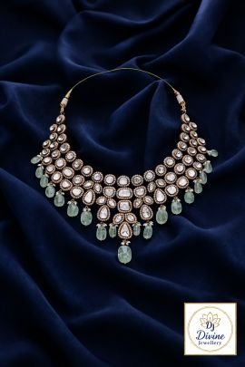 Luxury Polki Diamond Statement Necklace with Emerald Drops | 92.5 Silver Gold Plated | Divine Jewellery