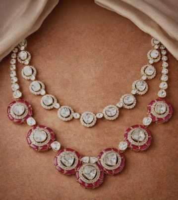 Luxury Polki Style Dual Layer Necklace Set with Ruby Accents – 92.5 Silver Gold Plated Bridal Jewellery | Divine Jewellery