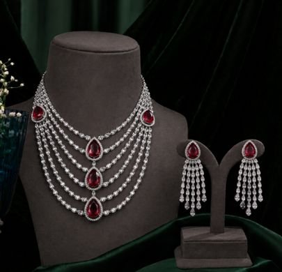 Luxury Ruby Drop Layered Necklace Set with Earrings – 92.5 Silver Gold Plated