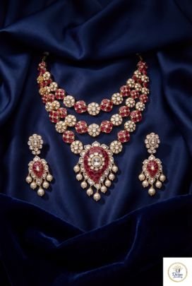 Luxury Ruby Kundan Layered Necklace Set with Pearl Drops & Earrings | 92.5 Silver Gold Plated | Divine Jewellery