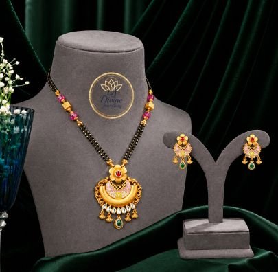 Mangalsutra Style Floral Meenakari Pendant Necklace Set with Earrings in 92.5 Silver Gold Plated | Black Beads Traditional Jewellery – Divine Jeweller