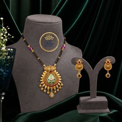 Mangalsutra Style Meenakari Sunburst Pendant Necklace Set with Earrings in 92.5 Silver Gold Plated | Black Beads Traditional Jewellery – Divine Jewell