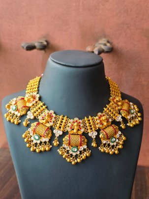 Mayura Ratna Temple Choker Necklace Set with Peacock Motif & Ruby-Green Stone Work