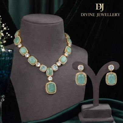 Minimal Aqua Green Stone Necklace Set with CZ Accents | 92.5 Silver Gold Plated Elegant Jewellery by Divine Jewellery