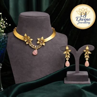 Minimal Floral Gold Choker Necklace Set with Pink Stone Drop – 92.5 Silver Gold Plated