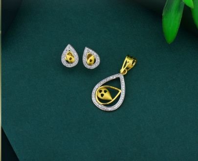 Minimal Teardrop CZ 92.5 Silver Gold-Plated Pendant Set with Matching Earrings
