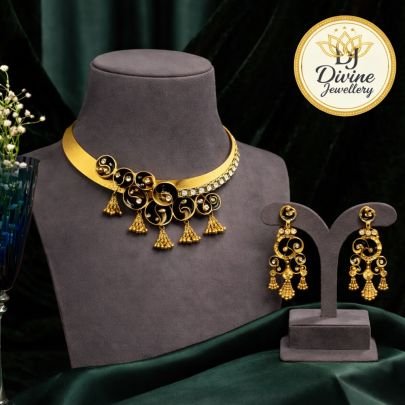 Modern Black Enamel Designer Choker Necklace Set with Gold Finish & Drop Detailing – 92.5 Silver Gold Plated