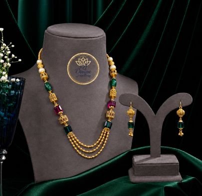 Multi-Color Beaded Long Necklace Set with Earrings in 92.5 Silver Gold Plated | Pearl & Stone Traditional Jewellery – Divine Jewellery
