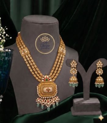 Multi-Layer Gold Plated Necklace Set with Statement Pendant & Green Drops – 92.5 Silver Traditional Jewellery
