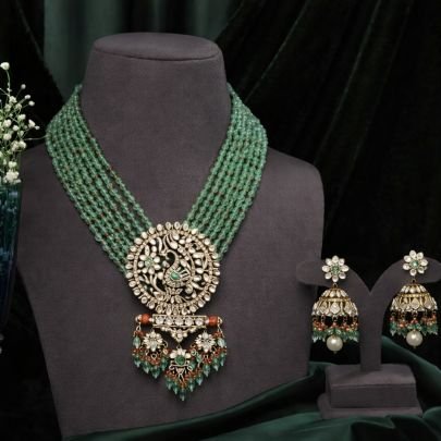 Multi-Layer Green Beads Peacock Pendant Necklace Set – 92.5 Silver Gold Plated Jewellery | Divine Jewellery
