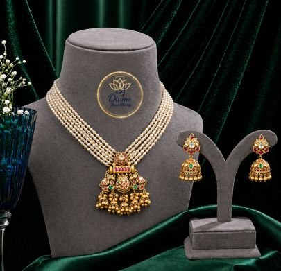 Multi-Layer Pearl Necklace Set with Temple Pendant & Jhumka Earrings – 92.5 Silver Gold Plated