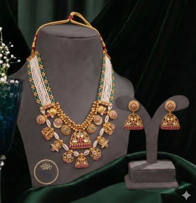 Multi-Layer Pearl Necklace Set with Coin Charms & Jhumka Motif – 92.5 Silver Gold Plated Traditional Jewellery