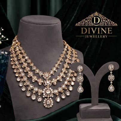 Multi-Layer Polki Bridal Necklace Set with Drop Detailing | 92.5 Silver Gold Plated Jewellery by Divine Jewellery