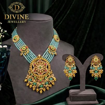 Multi-Strand Beaded Necklace Set with Antique Pendant & Kundan Detailing | 92.5 Silver Gold Plated Jewellery by Divine Jewellery