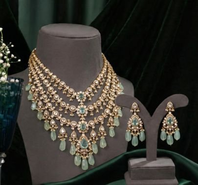 Pastel Green Multi-Layer Kundan Bridal Necklace Set with Drop Detailing | 92.5 Silver Gold Plated Jewellery by Divine Jewellery
