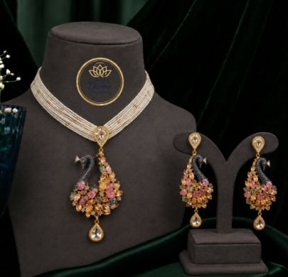 Peacock Floral Pearl Choker Set with Pink Crystal Accents – Luxury Designer Jewelry
