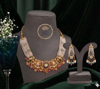 Pearl Beaded Designer Necklace Set with Multi Color Stones & Antique Gold Finish – 92.5 Silver Jewellery