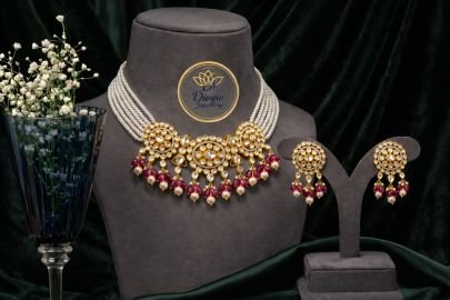 Pearl Kundan Choker Necklace Set with Ruby Drops – 92.5 Silver Gold Plated Traditional Jewellery