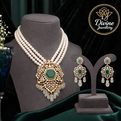 Pearl Layered Kundan Necklace Set with Emerald Center Pendant & Designer Earrings – 92.5 Silver Gold Plated
