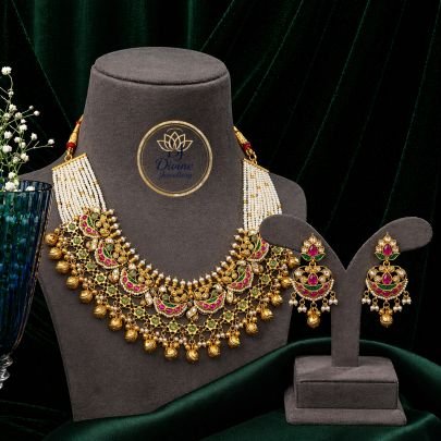 Pearl Layered Temple Choker Necklace Set with Green & Pink Stones – 92.5 Silver Gold Plated