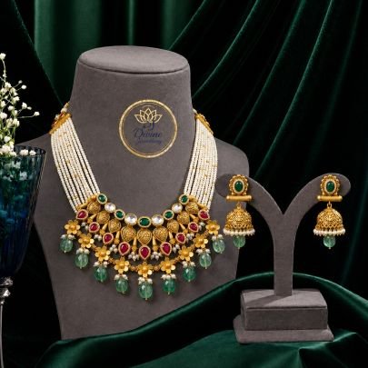 Pearl Layered Temple Necklace Set with Jhumka Earrings in 92.5 Silver Gold Plated | Green Drop Bridal Jewellery – Divine Jewellery