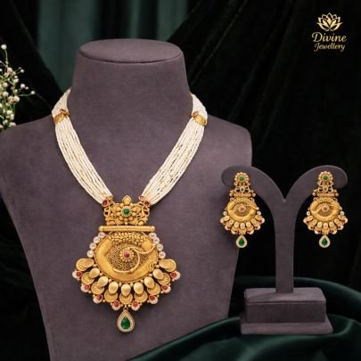 Pearl Layered Temple Pendant Necklace Set with Antique Design – 92.5 Silver Gold Plated Ethnic Jewellery