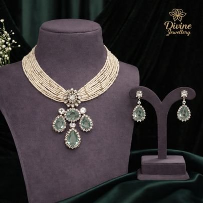 Pearl Multi-Layer Necklace Set with Green Stone Pendant – 92.5 Silver Gold Plated Elegant Jewellery