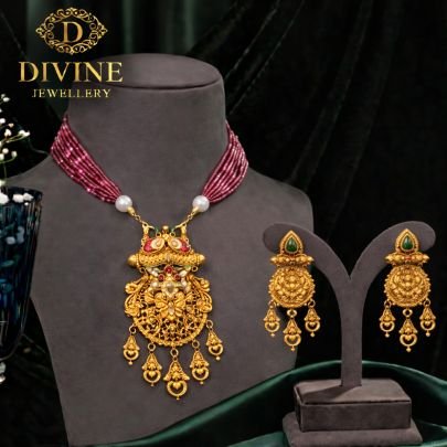 Pink Beaded Necklace Set with Antique Temple Pendant & Earrings | 92.5 Silver Gold Plated Jewellery by Divine Jewellery
