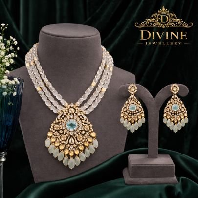 Polki Crystal Pendant Necklace Set with Frosted Beads & Mint Stone | 92.5 Silver Gold Plated Jewellery by Divine Jewellery