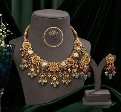 Premium Antique Temple Necklace Set with Kundan Stones, Green Beads & Meenakari Work – 92.5 Silver Gold Plated Bridal Jewellery