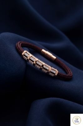 Premium Rose Gold Segment Bar Braided Bracelet with Stone Detailing in 92.5 Silver | Divine Jewellery