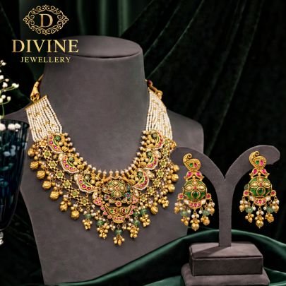 Rajwadi Meenakari Necklace Set with Pearl Strands & Green Drops | 92.5 Silver Gold Plated Jewellery by Divine Jewellery