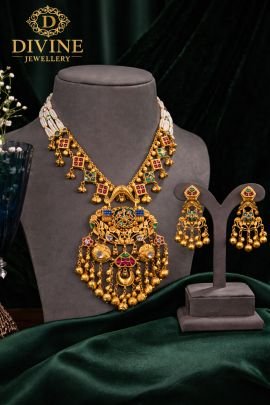 Rajwadi Meenakari Pendant Necklace Set with Pearl Strings & Temple Drops | 92.5 Silver Gold Plated Jewellery by Divine Jewellery