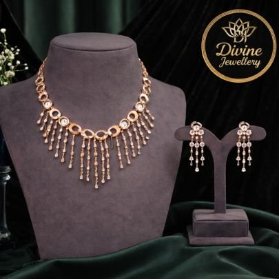 Rose Gold Fringe Necklace Set with Crystal Drops – 92.5 Silver Gold Plated Elegant Jewellery