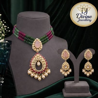 Rose Quartz Polki Pendant Choker Set with Multi-Color Beads & Pearl Drops – 92.5 Silver Gold Plated Jewellery