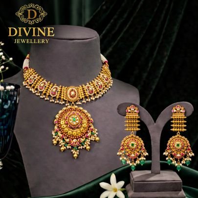 Royal Antique Choker Necklace Set with Statement Circular Pendant & Pearl Drops | 92.5 Silver Gold Plated Bridal Jewellery by Divine Jewellery
