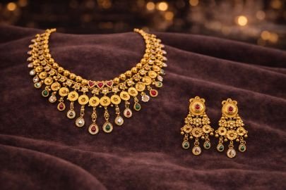 Royal Antique Coin Necklace Set with Ruby & Emerald Drops – 92.5 Silver Gold Plated Temple Jewellery