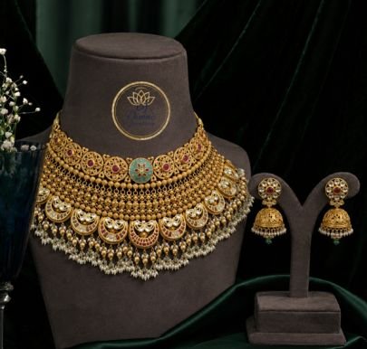 Royal Antique Gold Plated Choker Necklace Set with Pearl Drops | Traditional Bridal Jewellery Set