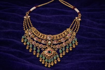 Royal Antique Temple Necklace with Emerald Bead Danglers – 92.5 Silver Gold Plated Traditional Jewellery