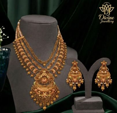 Royal Antique Temple Necklace Set with Layered Chains & Jhumka Earrings – 92.5 Silver Gold Plated Bridal Jewellery
