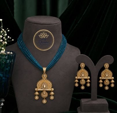 Royal Blue Beaded Pendant Necklace Set with Designer Earrings | Silver Gold Plated Ethnic Jewellery