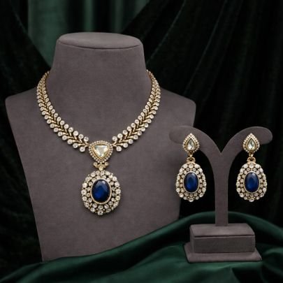 Royal Blue Stone Pendant Necklace Set with American Diamond Detailing – 92.5 Silver Gold Plated Elegant Jewellery | Divine Jewellery