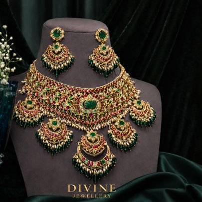 Royal Bridal Polki Kundan Statement Necklace Set with Emerald Green Drops & Chandbali Earrings – 92.5 Silver Gold Plated Heavy Jewellery | Divine Jewe